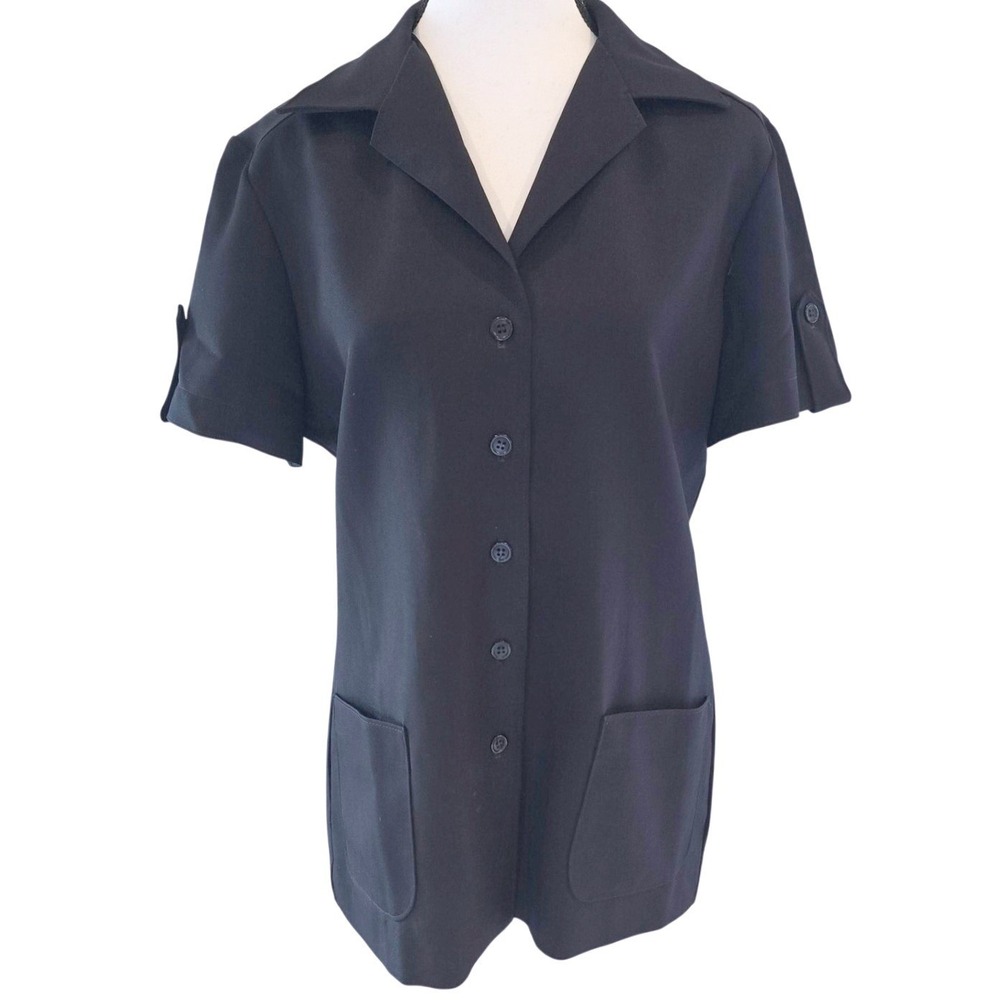 70s VTG Koret of California Black Tunic Top Shirt Lg Pockets Button Up Mod Large